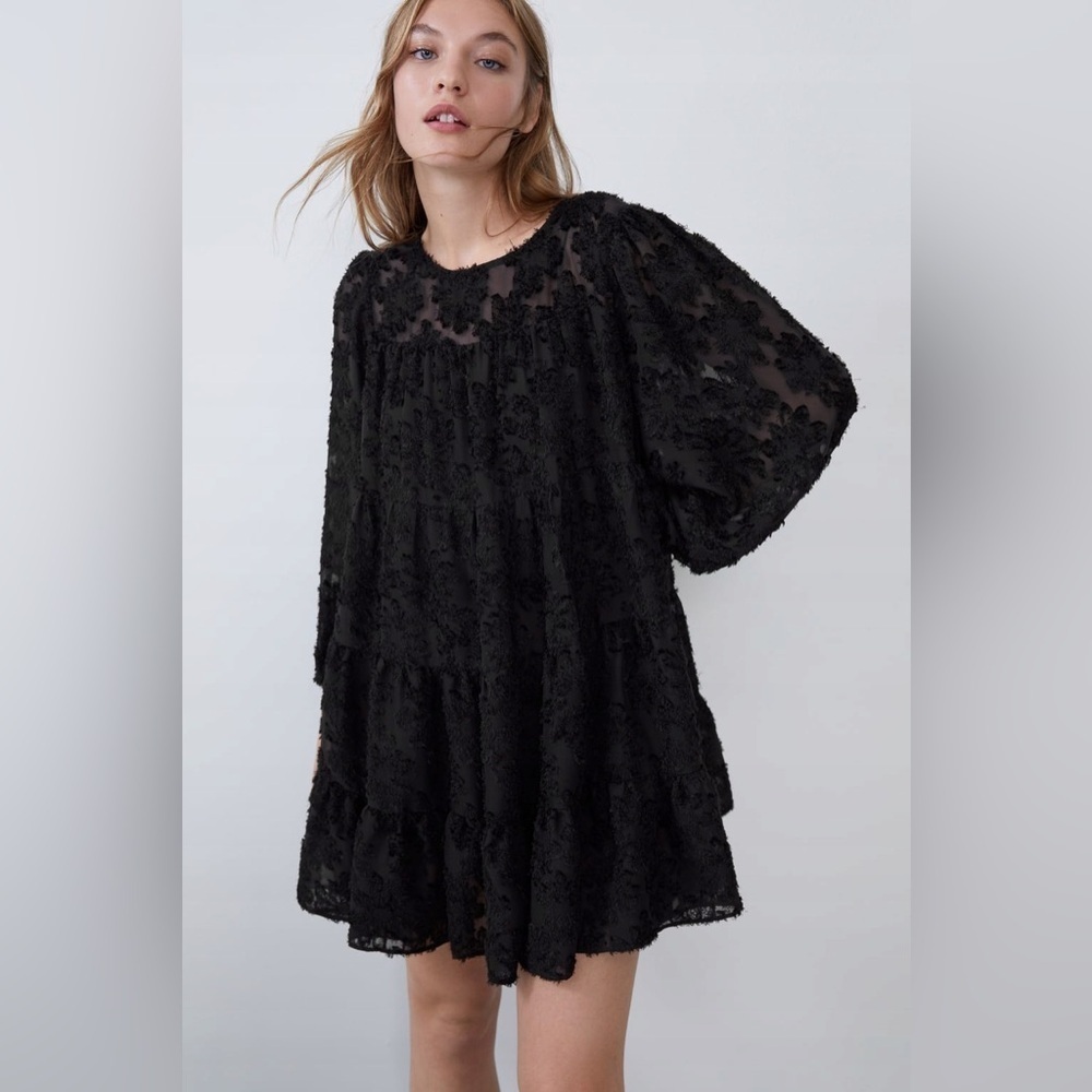 Zara Textured Black Shift Lace Look Mini Dress